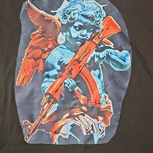 Black T-Shirt with Angel and Rifle Design